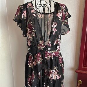 Floral Sheer Black Hi Low Dress